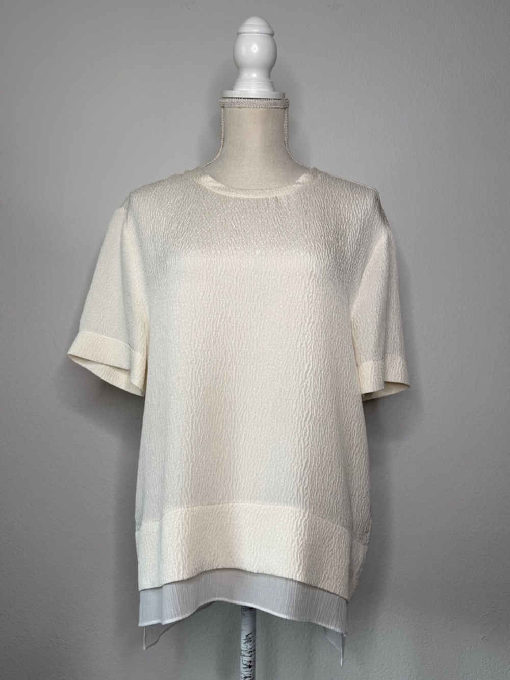 Helmut Lang Ivory Silk Tissue Textured Layered Short Sleeve Blouse Size M